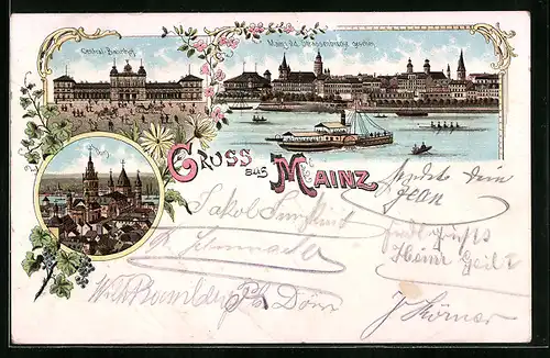 Lithographie Mainz, Zentralbahnhof, Panorama von der Strassenbrücke, Dom