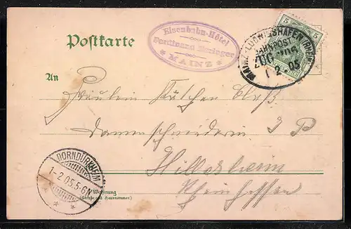 Lithographie Mainz, Zentralbahnhof, Panorama von der Strassenbrücke, Dom