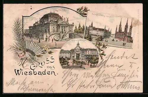 Lithographie Wiesbaden, Kgl. Theater, Kochbrunnenanlage, Rathaus mit ev. Kirche