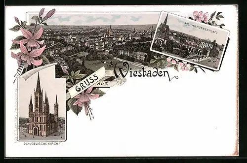 Lithographie Wiesbaden, Evangelische Kirche, Kochbrunnenplatz, Totalansicht