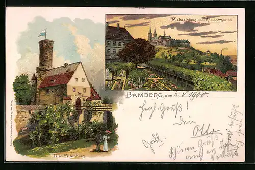 Lithographie Bamberg, Die Altenburg, Michaelsberg vom Residenzgarten