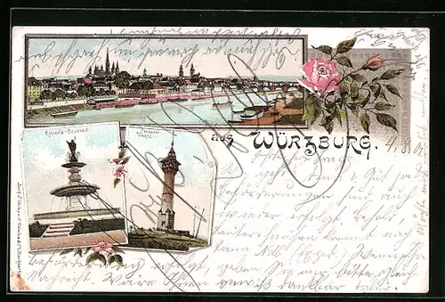 Lithographie Würzburg, Totalansicht, Kilians-Brunnen, Frankenwarte