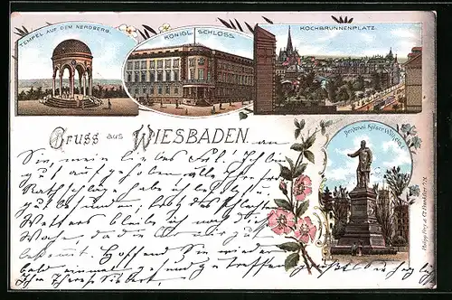 Lithographie Wiesbaden, Tempel auf dem Neroberg, Königl. Schloss, Kochbrunnenplatz