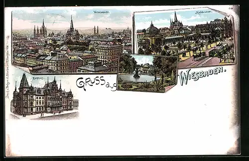 Lithographie Wiesbaden, Totalansicht, Kochbrunnen, Rathaus