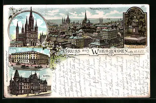 Lithographie Wiesbaden, Evang. Hauptkirche, Totalansicht, Rathaus, Schloss