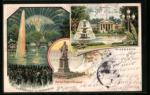 Lithographie Wiesbaden, Gartenfest im Kurgarten, Kurhaus, Kaiser Friedrich Denkmal