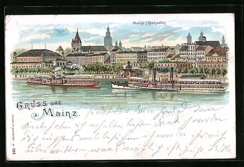 Lithographie Mainz, Totalansicht von der Rheinseite mit Salondampfern