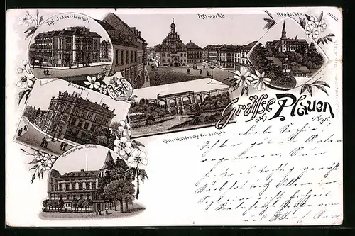 Lithographie Plauen i. Vgtl., Kgl. Industrieschule, Altmarkt, Postamt, Restaurant zum Tunnel, hradschin
