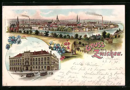 Lithographie Zwickau i. S., Rathaus und Totalansicht