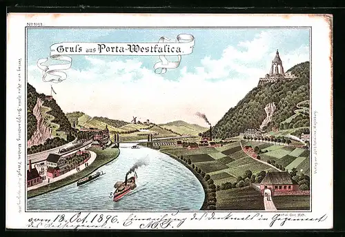 Lithographie Porta Westfalica, Totalansicht mit Weser und Kaiser-Wilhelm-Denkmal