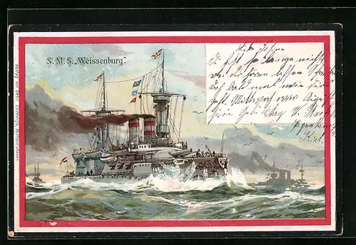 Lithographie Kriegsschiff SMS Weissenburg des Ostasiengeschwaders
