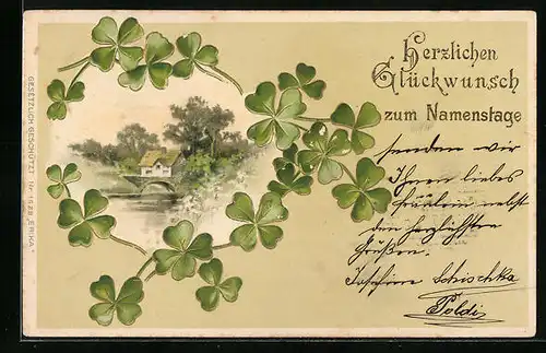Präge-AK Glückwünsche zum Namenstag mit Kleeblatt