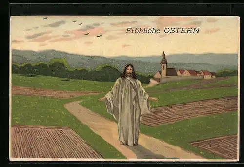 Künstler-AK Fröhliche Ostern, Jesus segnet das Land