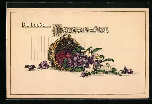 Künstler-AK Ostergrüsse, Korb voller Veilchen mit Maiglöckchen