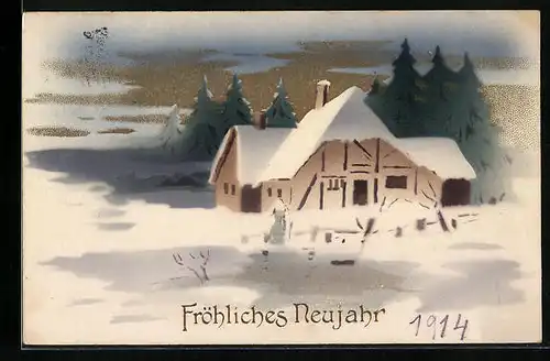 Künstler-AK Fröhliches Neujahr, Winterlandschaft