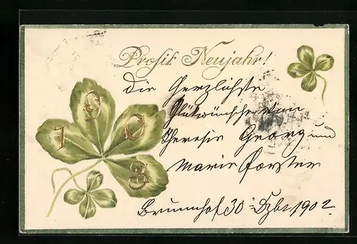 Präge-AK Prosit Neujahr 1903 mit Kleeblatt-Motiv