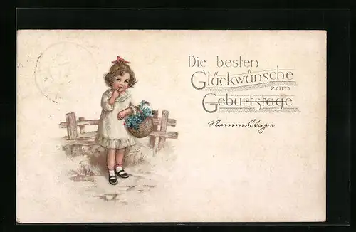 Künstler-AK Glückwünsche zum Geburtstag, Mädchen mit Korb voller Vergissmeinnicht