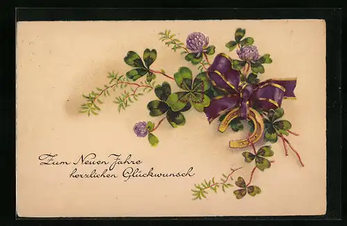 Künstler-AK Hufeisen mit Schleife und Kleeblättern zum neuen Jahre