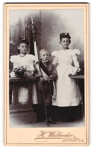 Fotografie H. Waldbrecker, Zittau, zwei junge Mädchen und ein Kabe mit Flagge und Blumen im Haar
