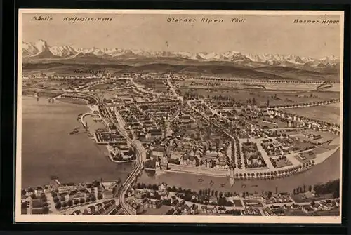 Künstler-AK Konstanz, Schematische Stadtansicht mit Gebirgskette