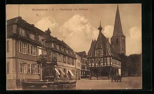 AK Michelstadt i. O., Marktplatz mit Rathaus und Blick auf Kirche