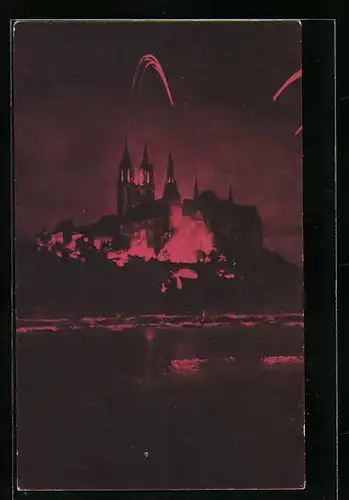 AK Meissen, die Burg mit Burgbeleuchtung