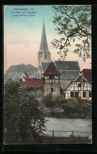 AK Michelstadt, Alte Mauer mit Diebsturm und evgl. Kirche