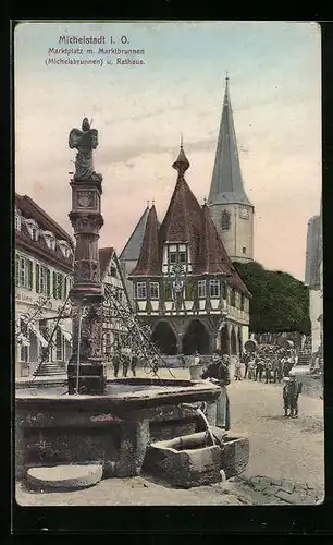 AK Michelstadt, Marktplatz mit Marktbrunnen und Rathaus