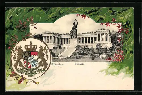 Passepartout-Lithographie München, Bavaria und Ruhmeshalle, Wappen