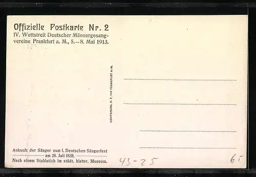 AK Frankfurt a. M., IV. Wettstreit Deutscher Männergesangvereine 1913, Ankunft der Sänger 1838