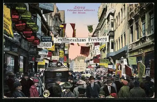 AK Leipzig, Petersstrasse während der Messe, Textilmesshaus Freyberg