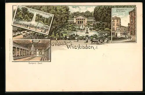 Lithographie Wiesbaden, Kurhaus mit Kranzplatz und Saal