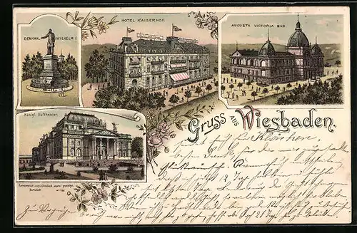 Lithographie Wiesbaden, Hotel Kaiserhof und Augusta Victoria Bad