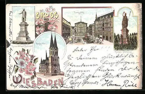 Lithographie Wiesbaden, Kranzplatz, Ringkirche