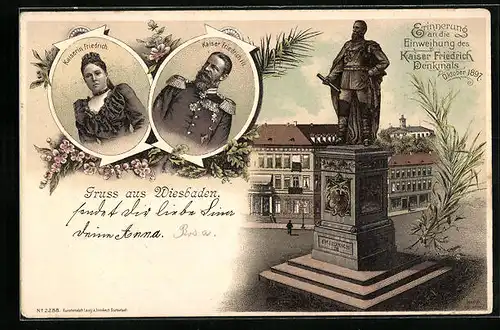Lithographie Wiesbaden, Kaiserin Friedrich, Denkmal Kaiser Friedrich