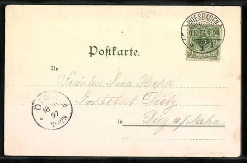 Lithographie Wiesbaden, Kaiserin Friedrich, Denkmal Kaiser Friedrich