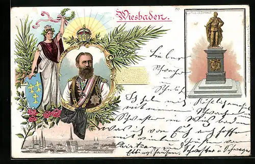 Lithographie Wiesbaden, Ortsansicht mit Kaiser Friedrich Denkmal