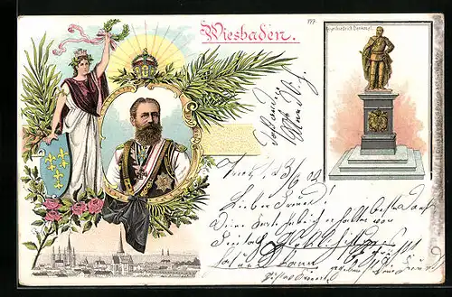 Lithographie Wiesbaden, Ortsansicht mit Kaiser Friedrich Denkmal