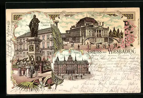 Lithographie Wiesbaden, Das neue Theater, Kaiser Friedrich Denkmal