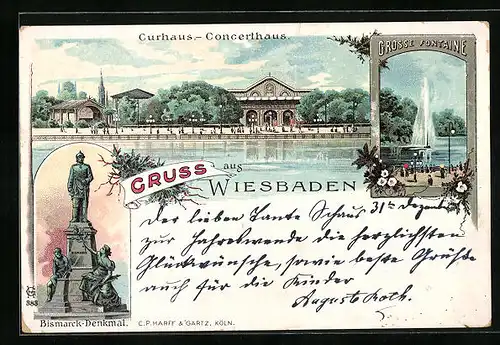 Lithographie Wiesbaden, Curhaus mit Bismarck-Denkmal