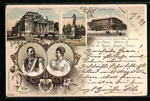 Lithographie Wiesbaden, Königl. Hoftheater mit Schloss und Denkmal Wilhelm I.