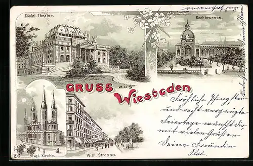 Lithographie Wiesbaden, Kochbrunnen und Königl. Theater