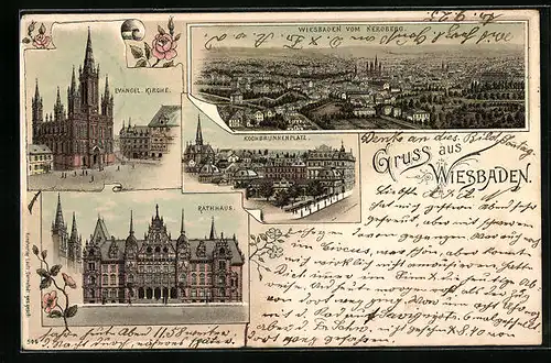 Lithographie Wiesbaden, Gesamtansicht mit Rathaus