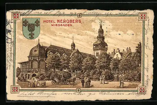 Künstler-AK Wiesbaden, Hotel Neroberg mit Wappen