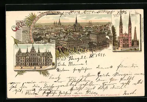 Lithographie Wiesbaden, Totalansicht mit Rathaus und Kath. Kirche