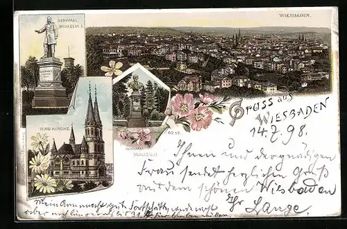 Lithographie Wiesbaden, Totalansicht aus der Vogelschau mit Denkmal Bodenstedt