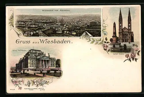 Lithographie Wiesbaden, Totalansicht mit Königl. Hoftheater