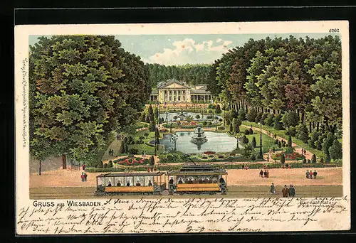 Lithographie Wiesbaden, Kursaalplatz mit Strassenbahn