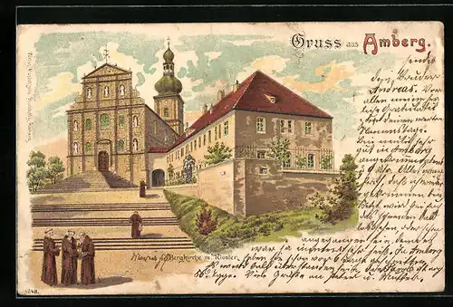 Lithographie Amberg, Bergkirche mit Kloster