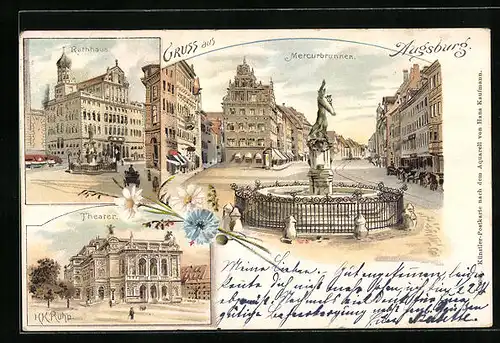 Lithographie Augsburg, Rathaus und Mercurbrunnen